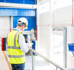Worker in a hard hat and safety vest using a tablet in a bright warehouse or loading dock.
