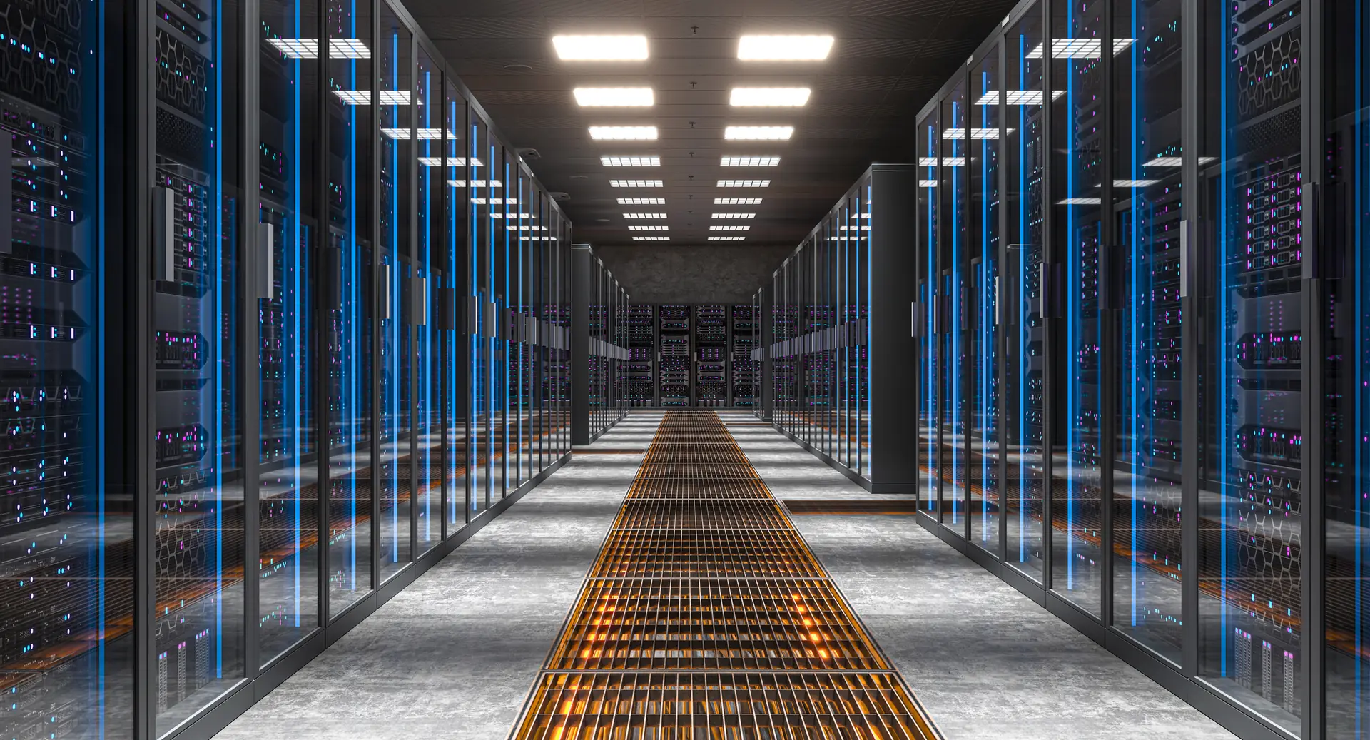 A server room with rows of tall black computer racks featuring glowing blue lights and a central floor grate lit with orange light.