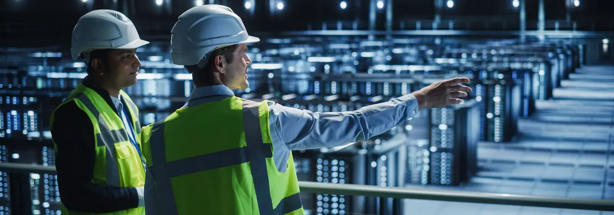 Two male engineers or IT professionals wearing white hard hats and high-visibility safety vests stand on an elevated walkway overlooking a massive, modern data center. One man points toward the vast rows of server racks that stretch into the distance under cool, blue-toned industrial lighting.