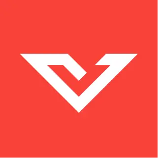 A white stylized V-shaped logo centered on a solid red background.
