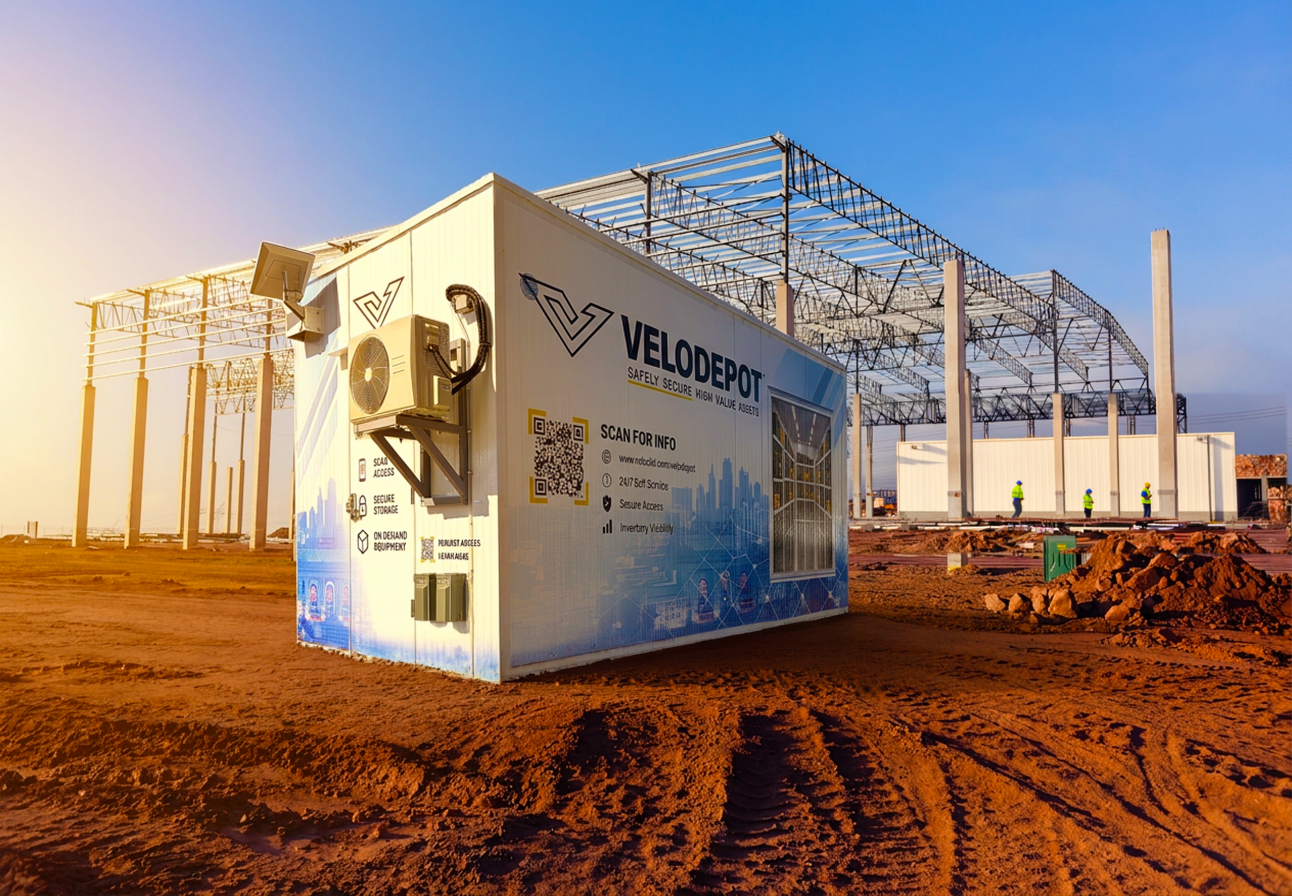 A VeloDepot unit deployed at a job site at golden hour, with structural steel framing rising behind it