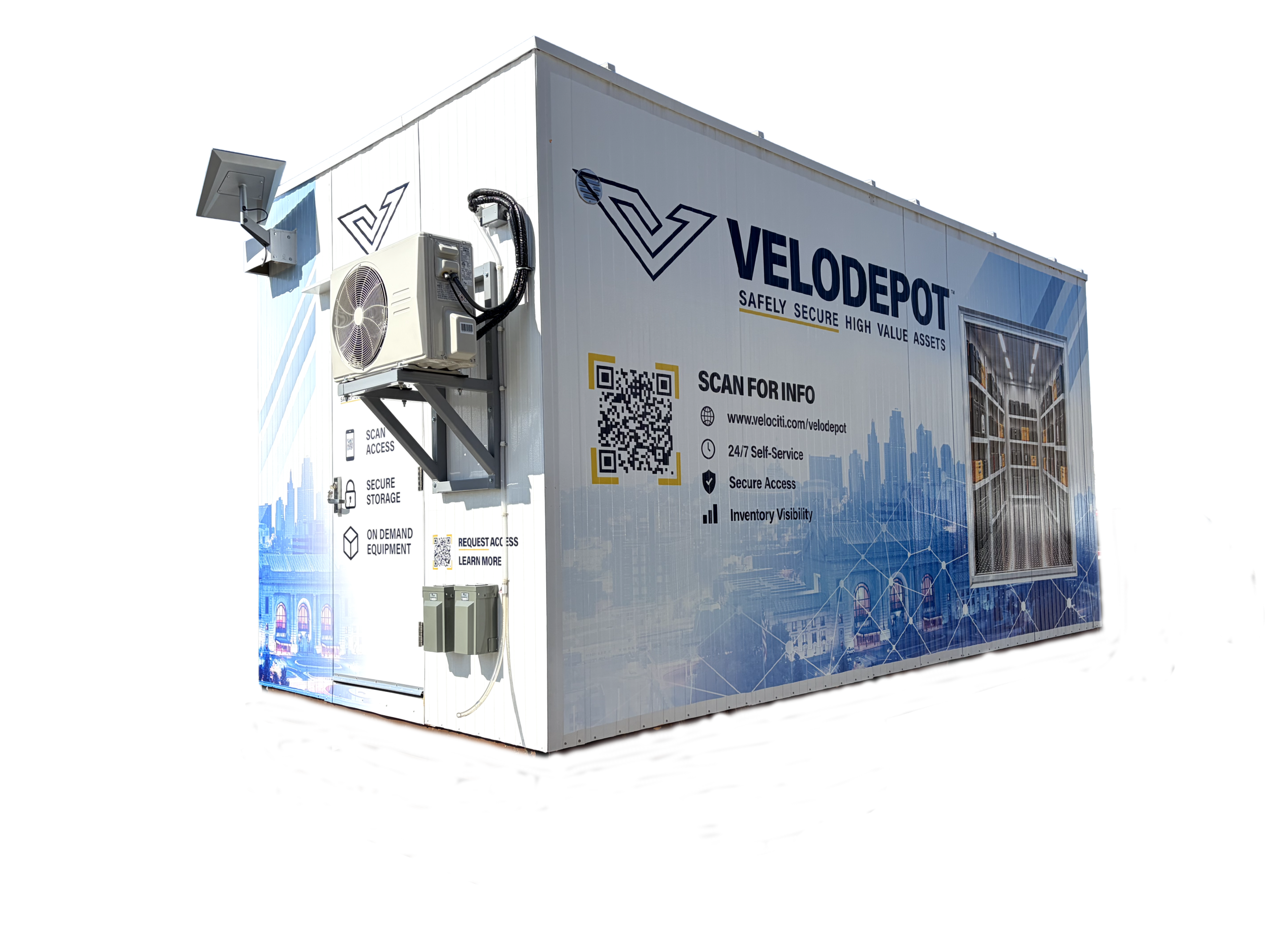 VeloDepot storage unit shown with its exterior camera, climate-control condenser, badge and QR access points, and an interior shelving window labeled