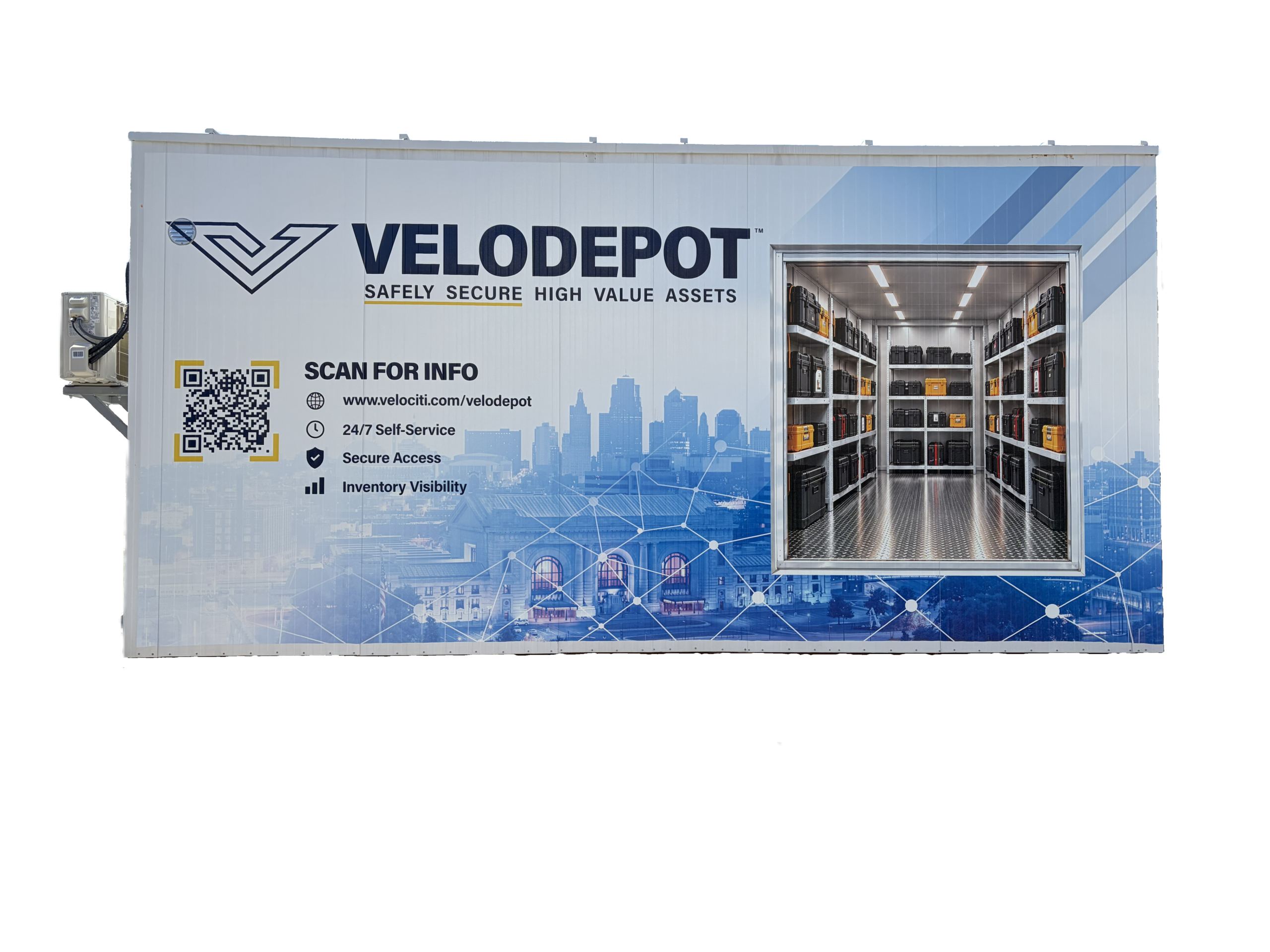 A VeloDepot secure storage unit, straight-on product view showing the branded side panel and interior shelving window