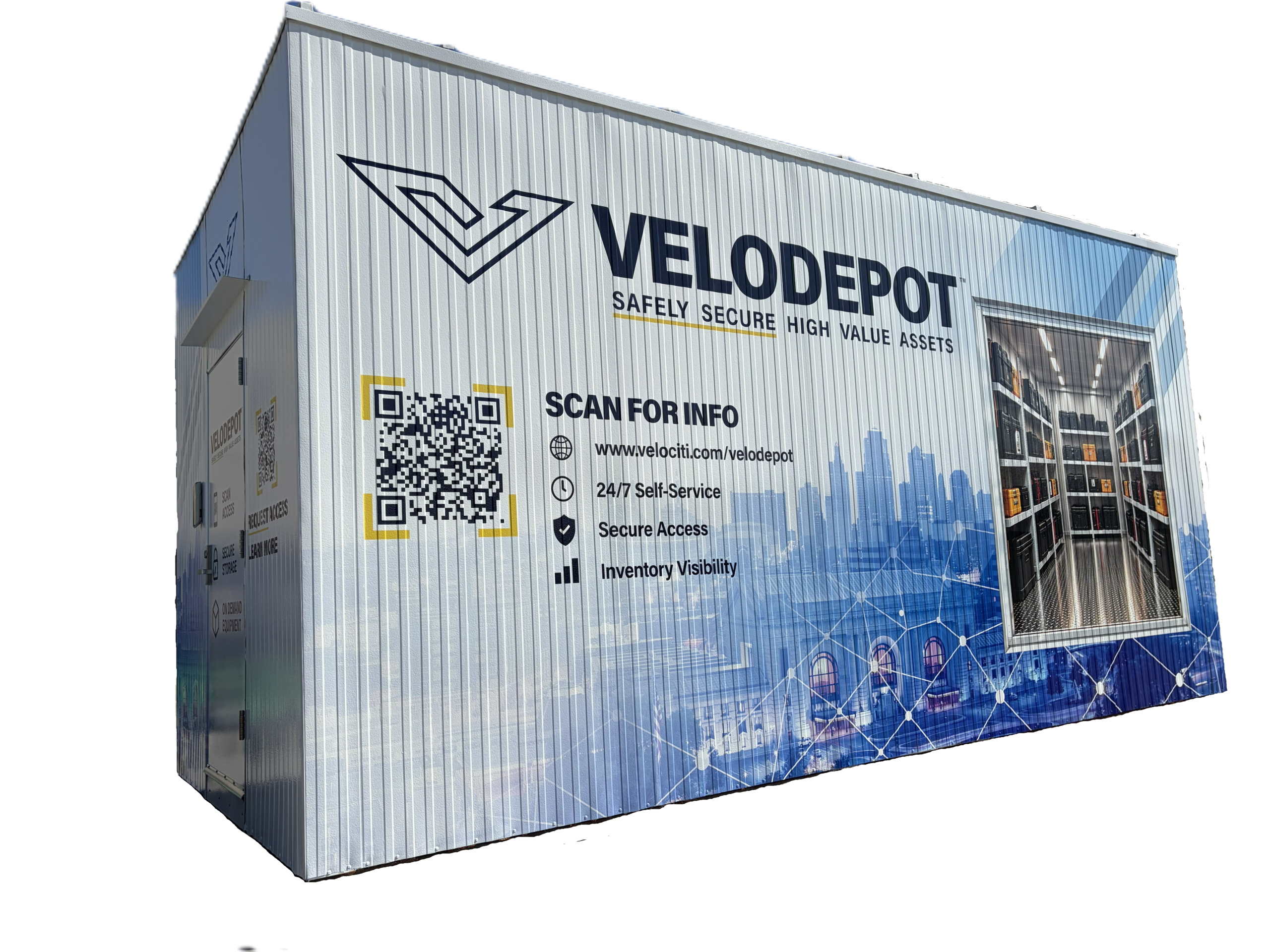 The VeloDepot unit viewed from an angle showing its entry door, with the badge-access panel mounted beside it